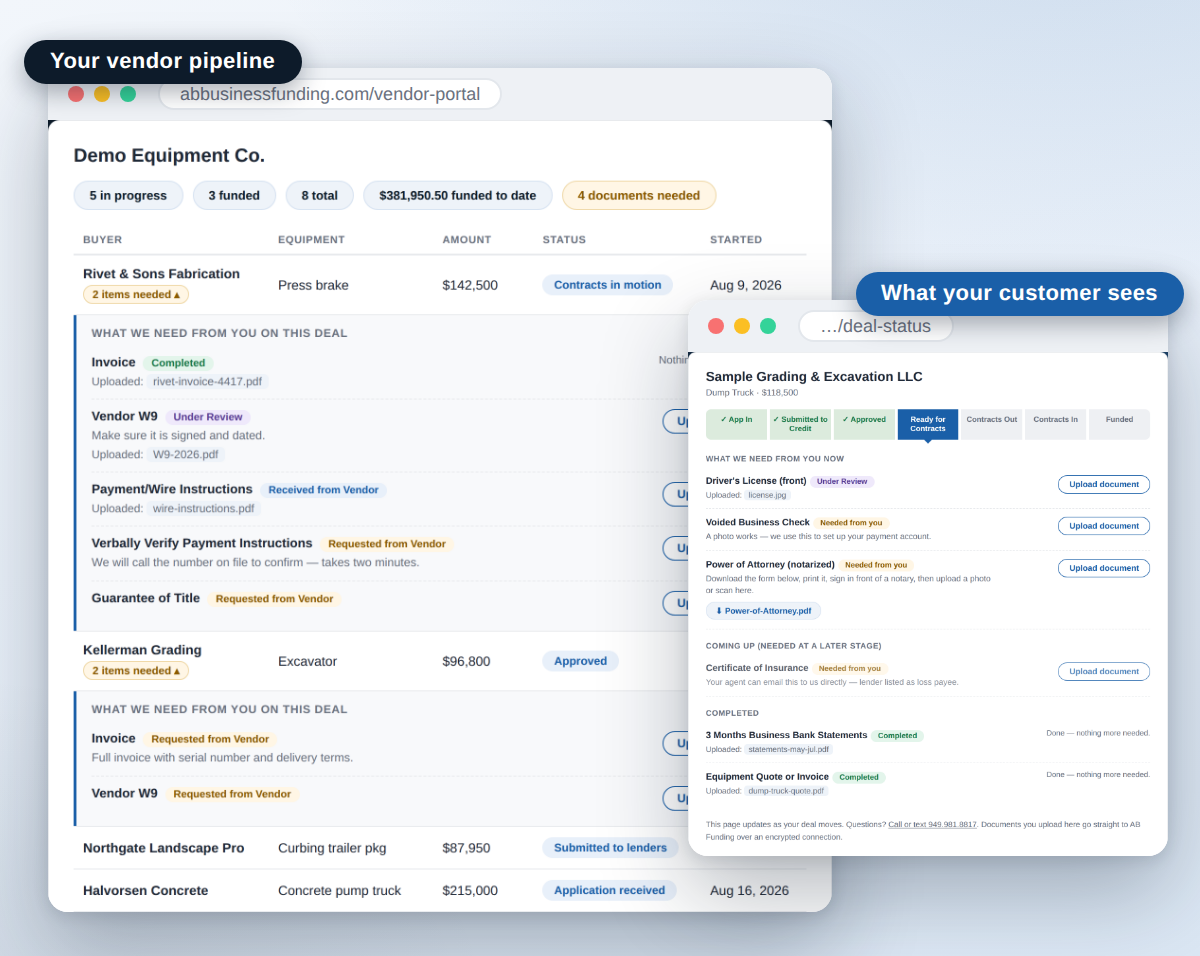 The AB Connect vendor pipeline: every referred buyer with live statuses, next to the status page their customer sees